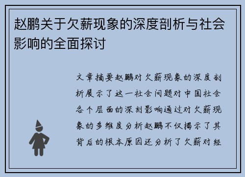 赵鹏关于欠薪现象的深度剖析与社会影响的全面探讨