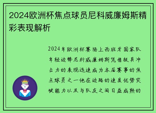 2024欧洲杯焦点球员尼科威廉姆斯精彩表现解析