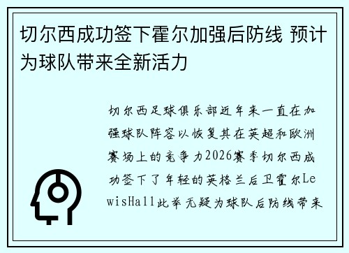 切尔西成功签下霍尔加强后防线 预计为球队带来全新活力